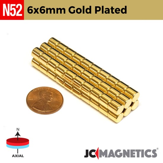6mm X 6mm N52 Gold Plated neodymium magnets round discs cylinder 1